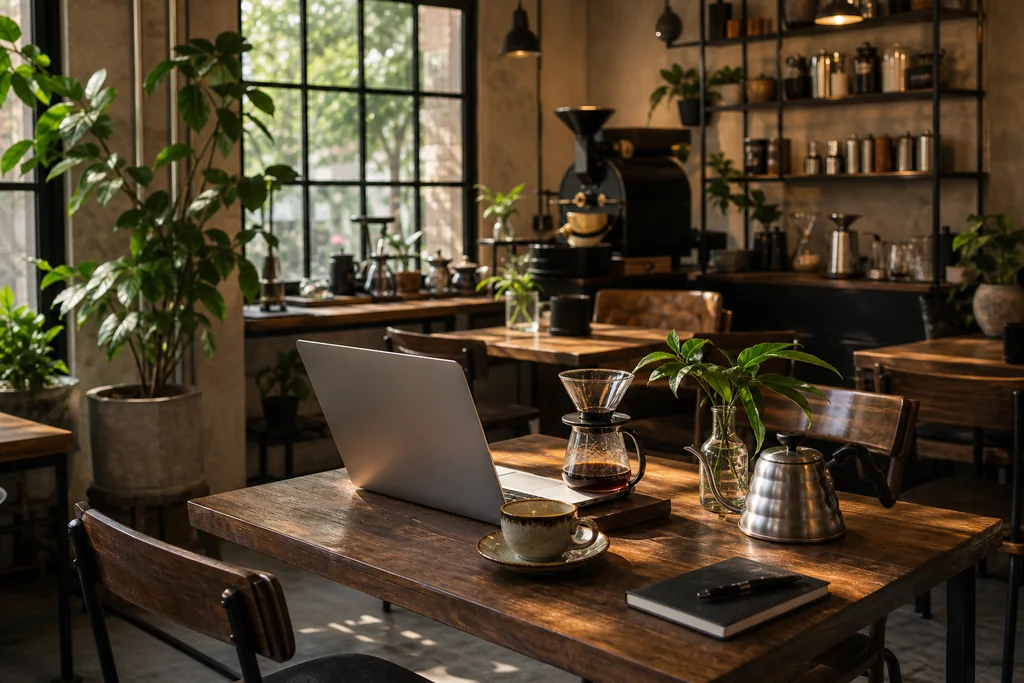 Cafe roastery yên tĩnh với bàn gỗ và cây xanh