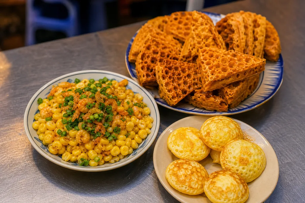 Bắp xào và bánh tàn ong ăn vặt Sài Gòn