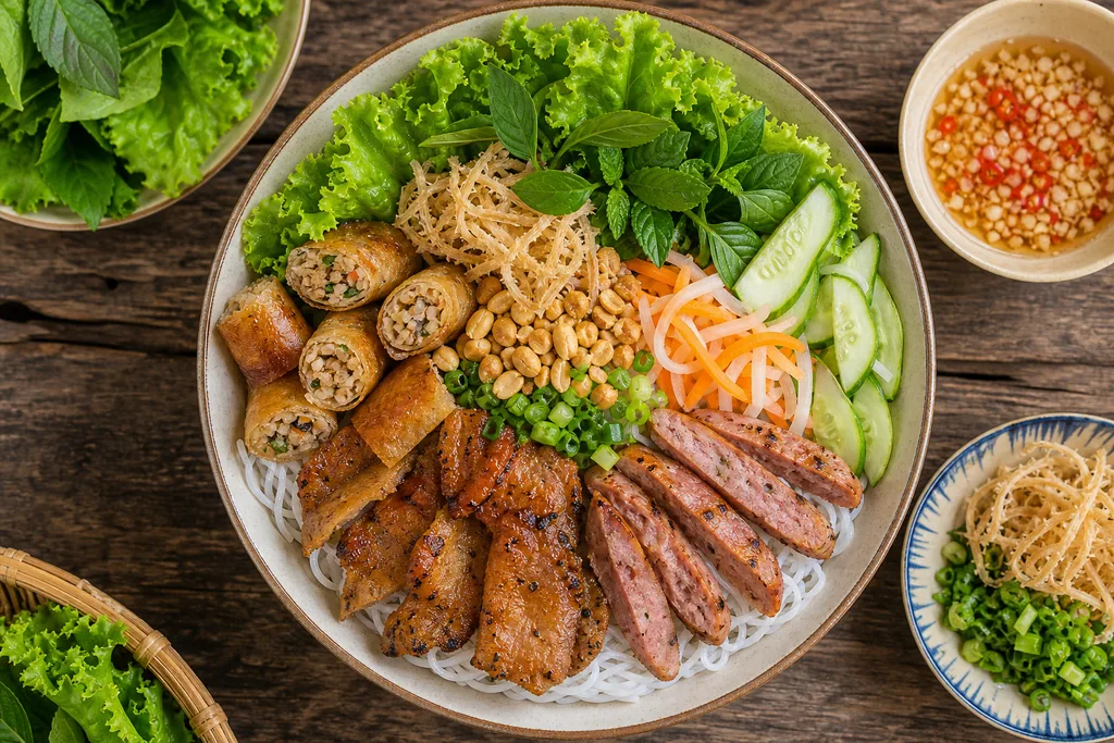 Tô bún thịt nướng Sài Gòn nhìn từ trên với nhiều topping