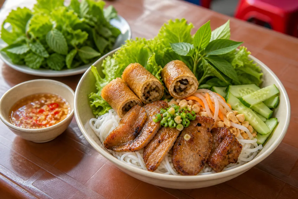 Bún thịt nướng với chả giò giòn và rau sống tươi