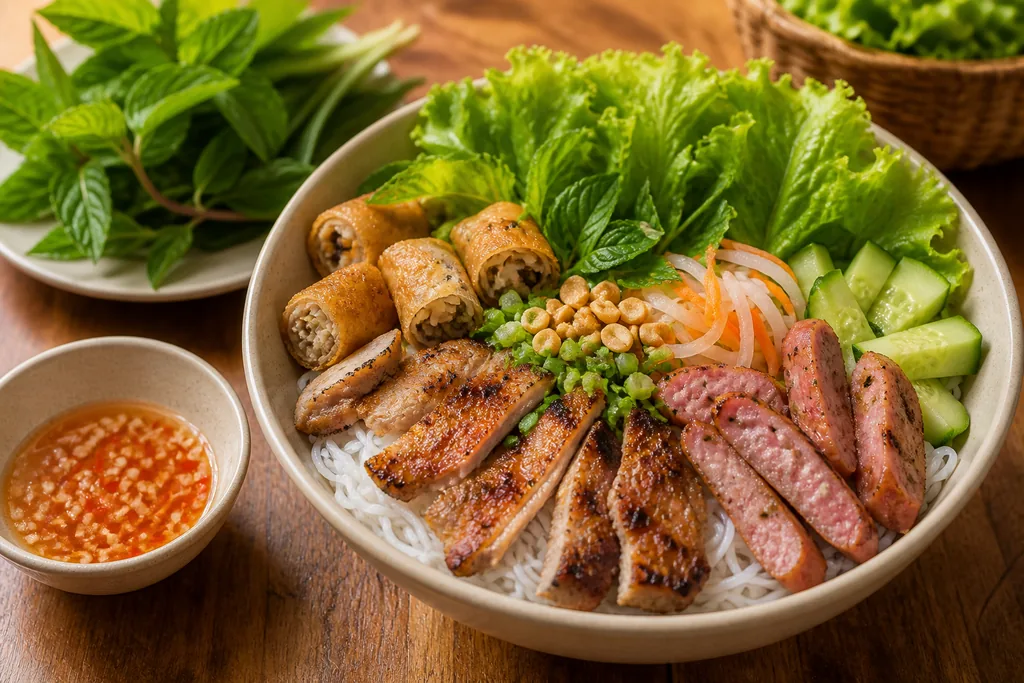 Bún thịt nướng kèm nem nướng và chả giò giòn