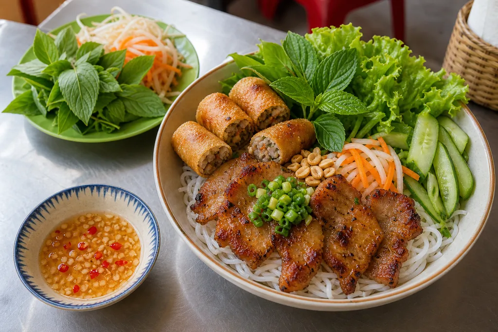 Tô bún thịt nướng với chả giò và nước mắm riêng
