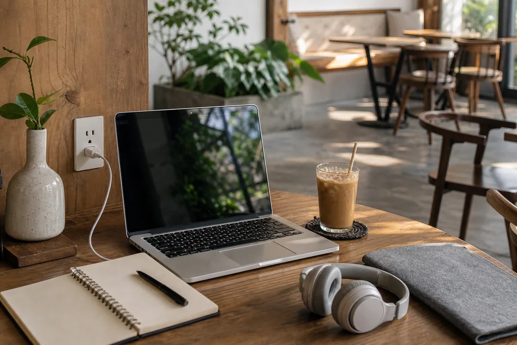 Góc cafe làm việc Sài Gòn có bàn rộng và ổ cắm