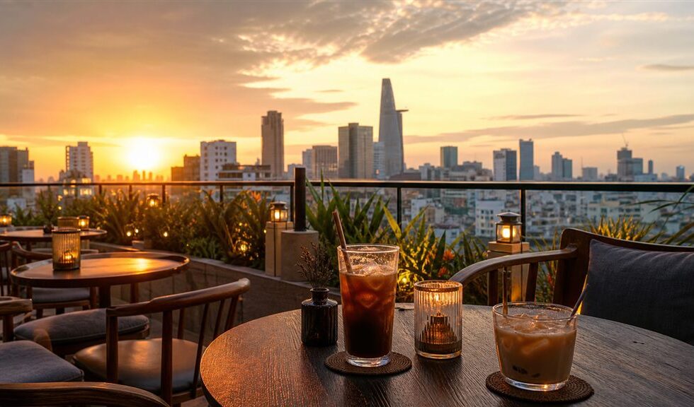 Cafe rooftop Sài Gòn ngắm hoàng hôn với skyline thành phố