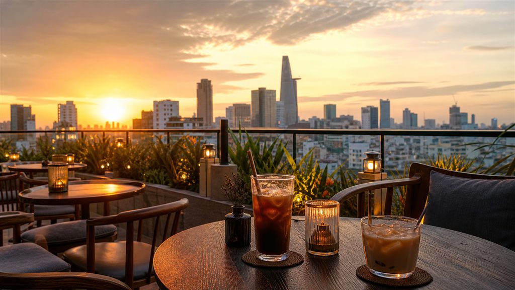 Cafe rooftop Sài Gòn ngắm hoàng hôn với skyline thành phố