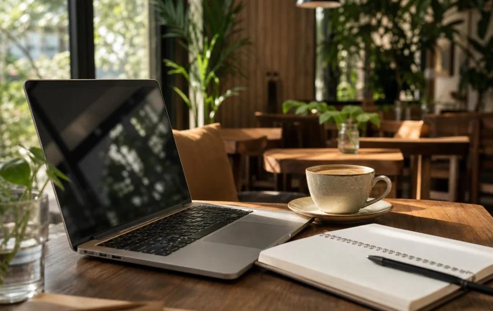 Cafe yên tĩnh Sài Gòn với bàn laptop và ly cà phê