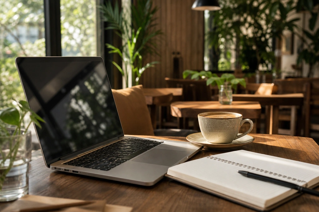 Cafe yên tĩnh Sài Gòn với bàn laptop và ly cà phê