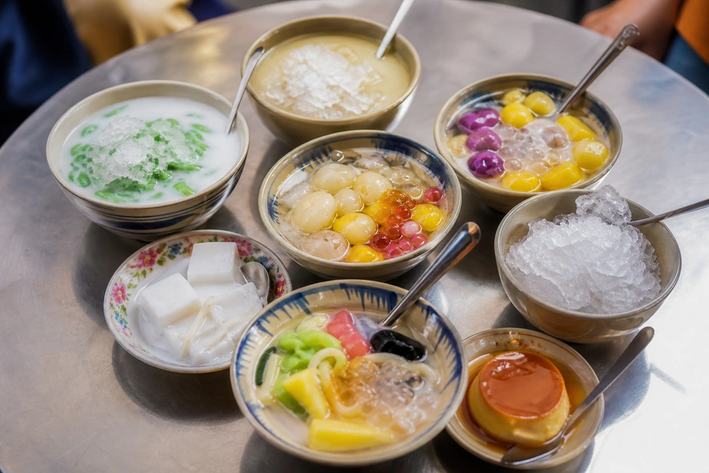 Chè và bánh flan Sài Gòn cho món tráng miệng ăn vặt