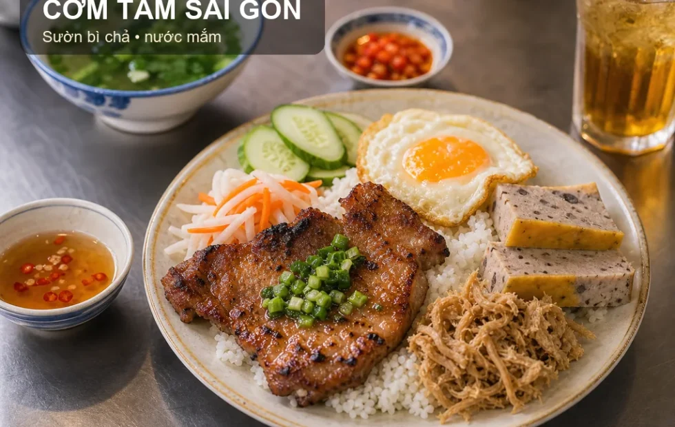 Cơm tấm Sài Gòn sườn bì chả với mỡ hành và nước mắm