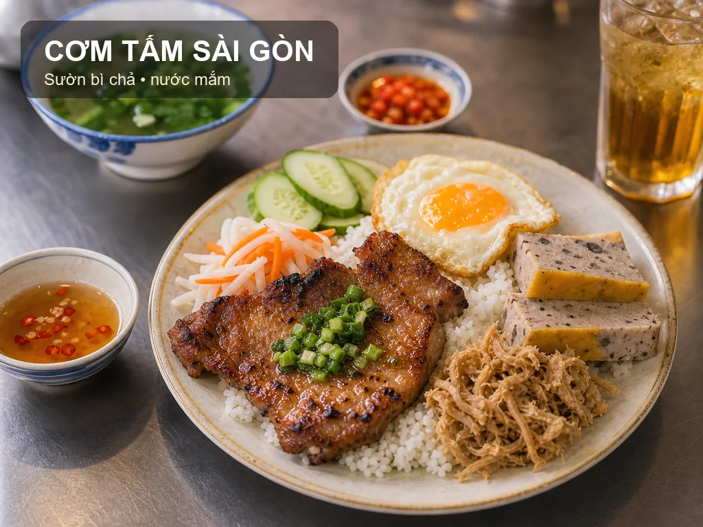 Cơm tấm Sài Gòn sườn bì chả với mỡ hành và nước mắm