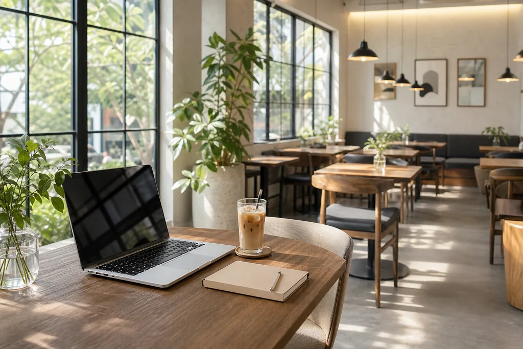 Cafe hiện đại nhiều ánh sáng cho làm việc ở Sài Gòn