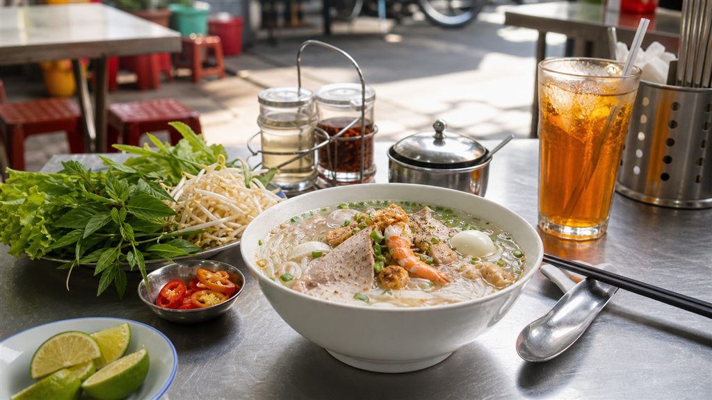 Bữa sáng Sài Gòn với hủ tiếu rau chanh và ớt