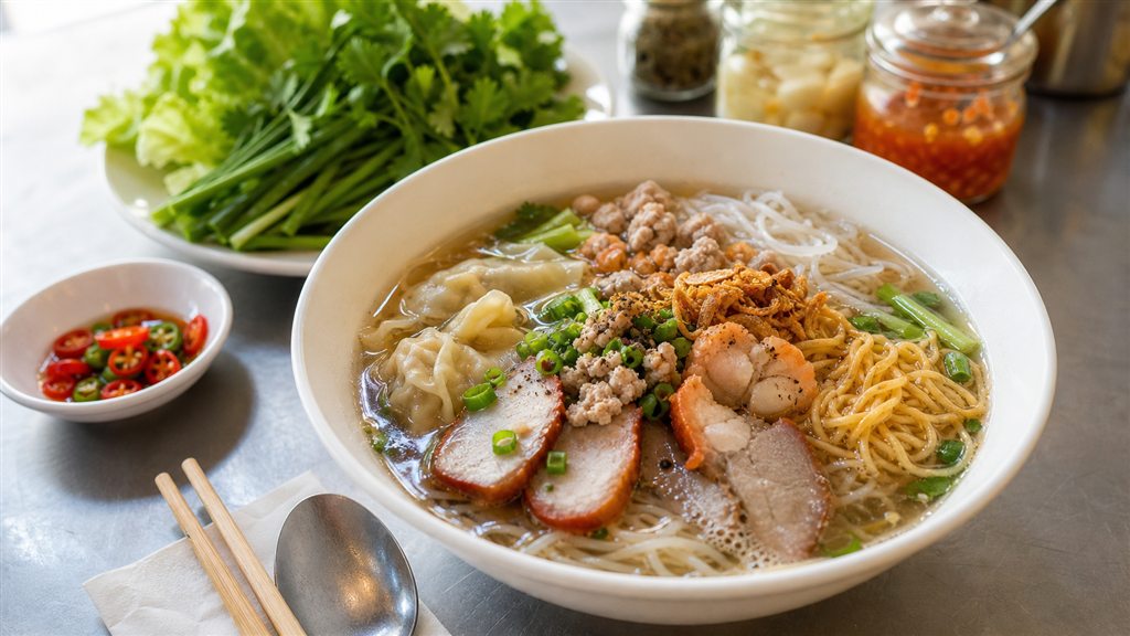 Hủ tiếu mì Sài Gòn với xá xíu và hoành thánh
