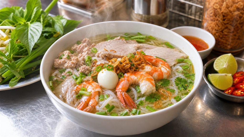 Tô hủ tiếu ngon Sài Gòn với topping tôm thịt đầy đặn