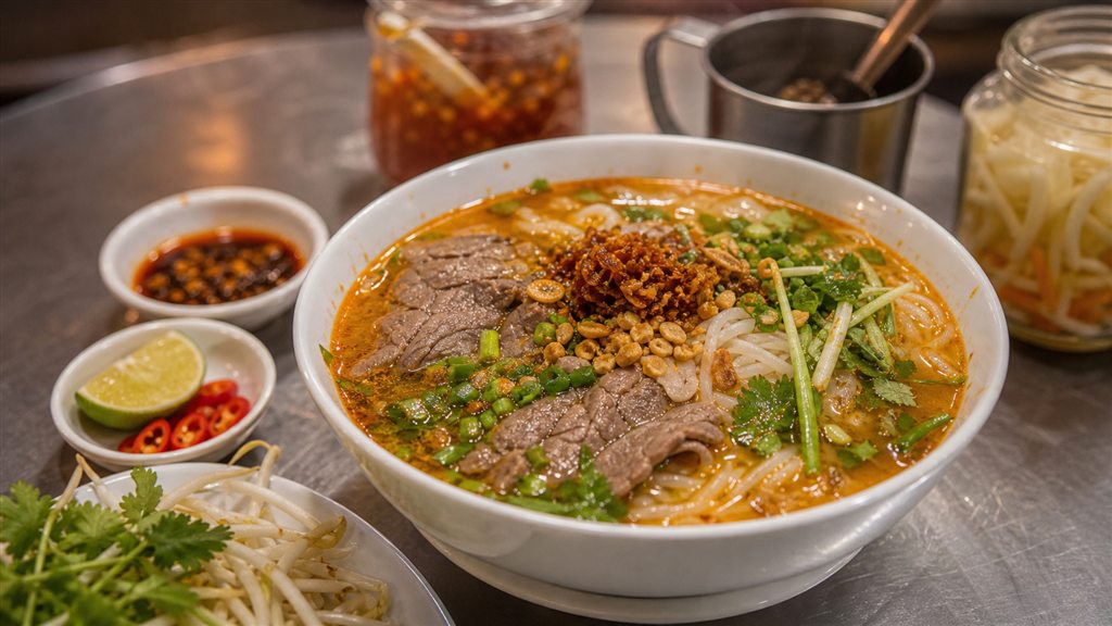 Hủ tiếu sa tế bò Sài Gòn nước dùng đậm màu