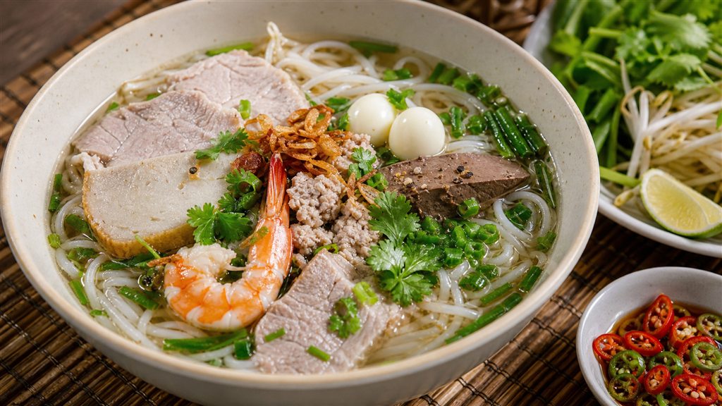 Hủ tiếu thập cẩm Sài Gòn với topping tôm thịt gan trứng cút