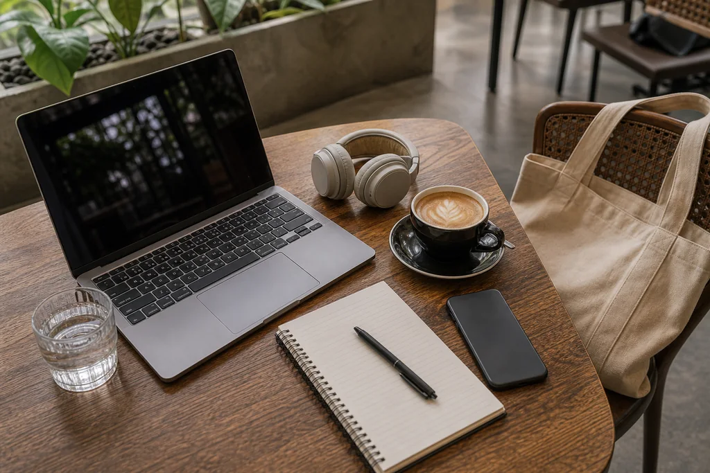 Kinh nghiệm đi cafe làm việc với laptop tai nghe và nước lọc