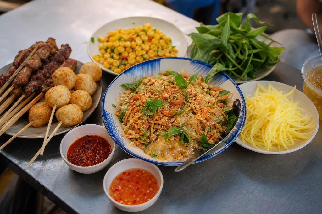 Món ăn vặt Sài Gòn với bánh tráng trộn và xiên que