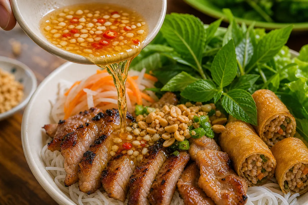 Rưới nước mắm tỏi ớt vào bún thịt nướng