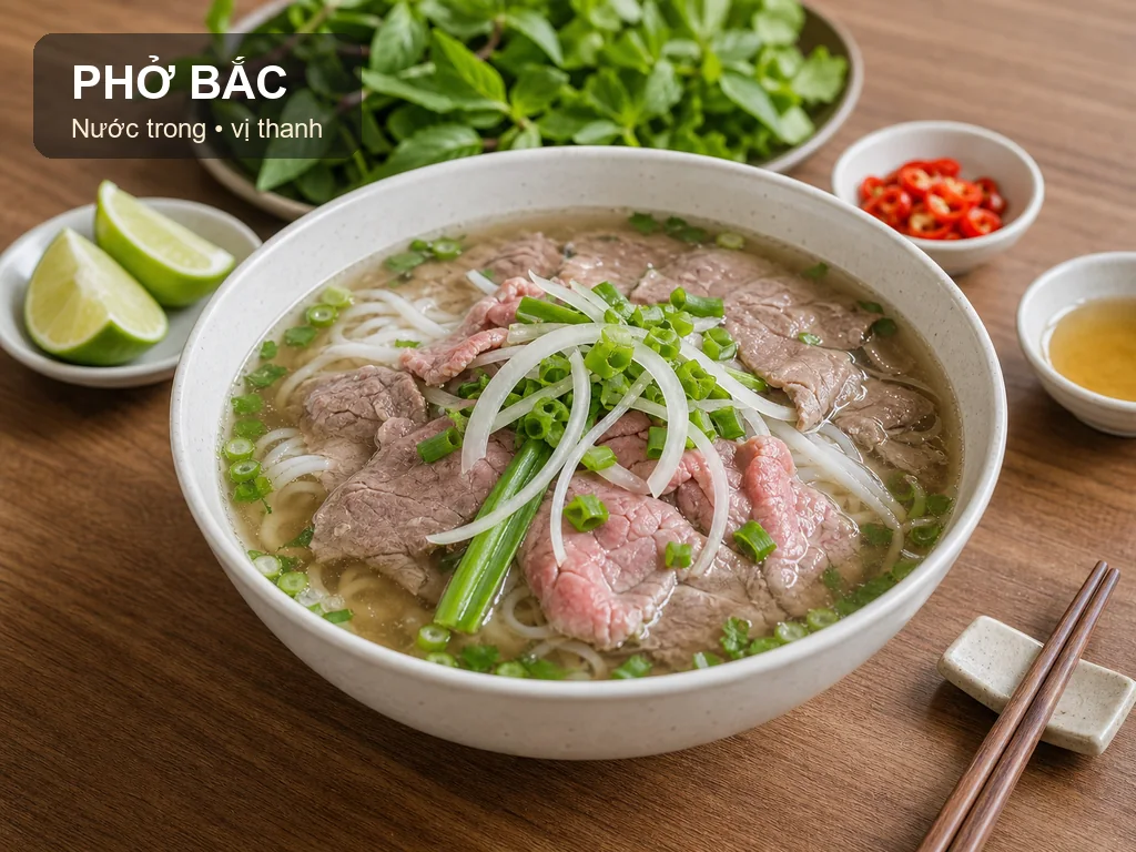 Tô phở Bắc nước trong thanh với hành lá và thịt bò