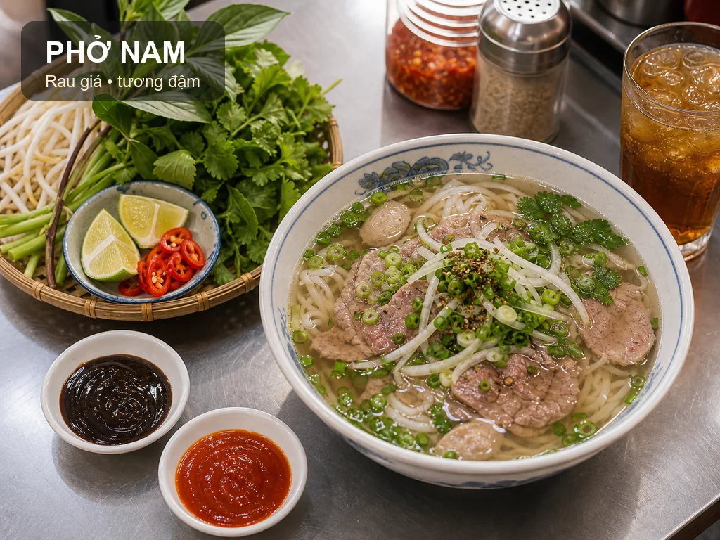 Tô phở Nam ăn kèm rau giá tương đen và tương ớt