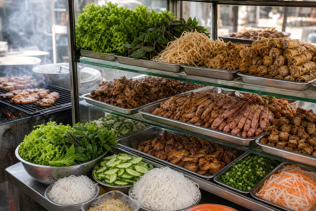Quầy topping bún thịt nướng với nhiều lựa chọn