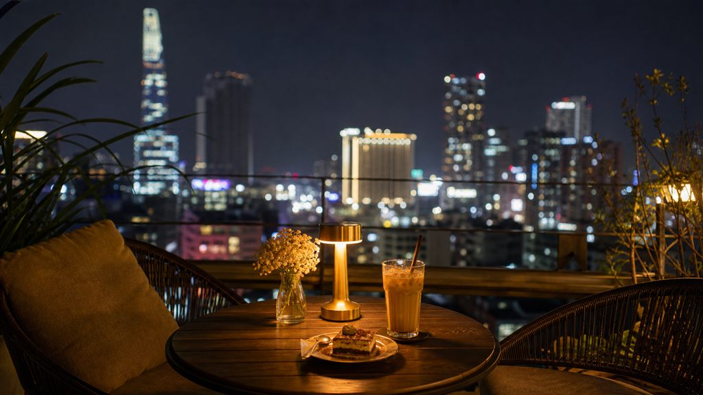 Cafe rooftop quận 1 nhìn thành phố về đêm