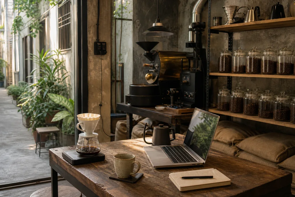 Góc roastery yên tĩnh cho người làm việc với laptop