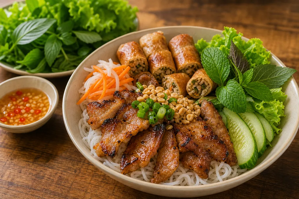 Suất bún thịt nướng đầy đủ topping tại quán Sài Gòn