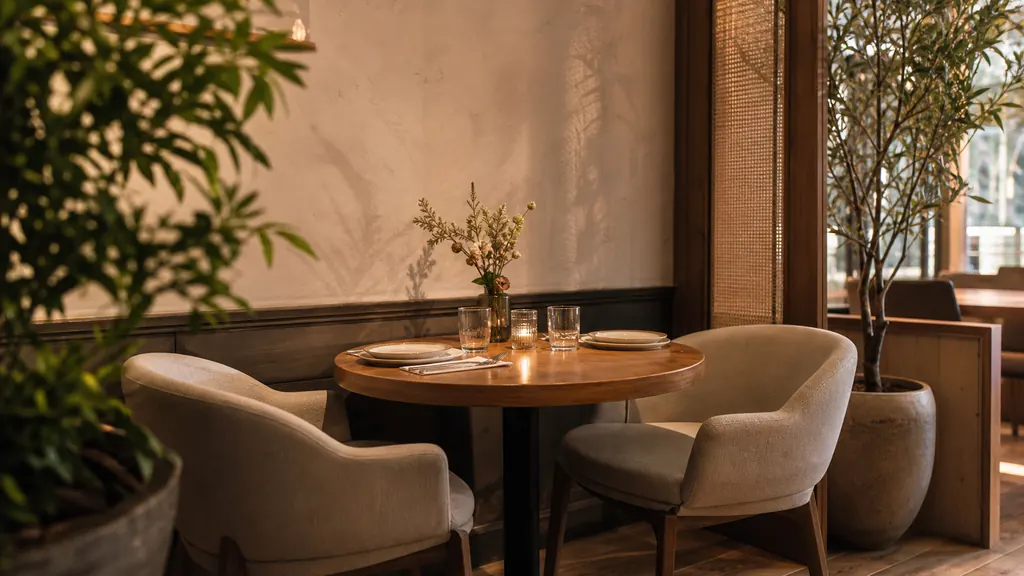 Một góc cafe hẹn hò có bàn đôi, ánh sáng dịu và khoảng cách thoải mái