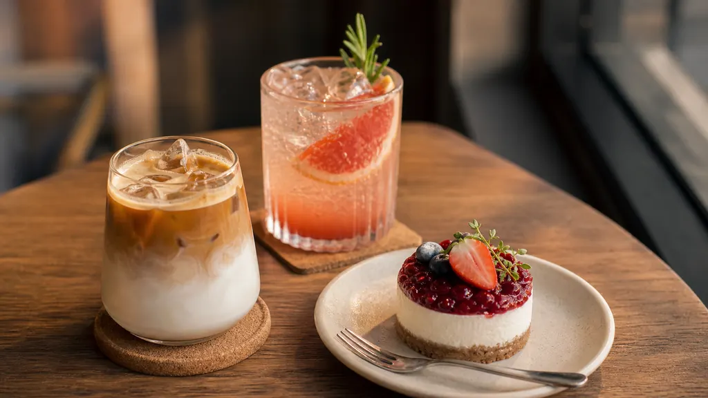 Hai ly đồ uống và món tráng miệng nhỏ trên bàn cafe hẹn hò