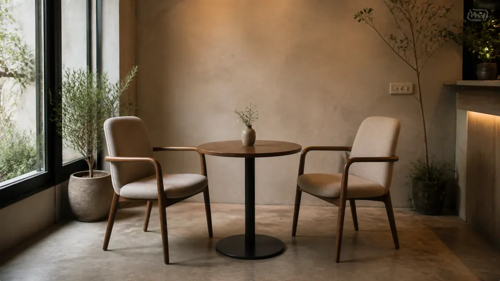 Hai ghế cafe thoải mái đặt cách nhau vừa đủ để trò chuyện