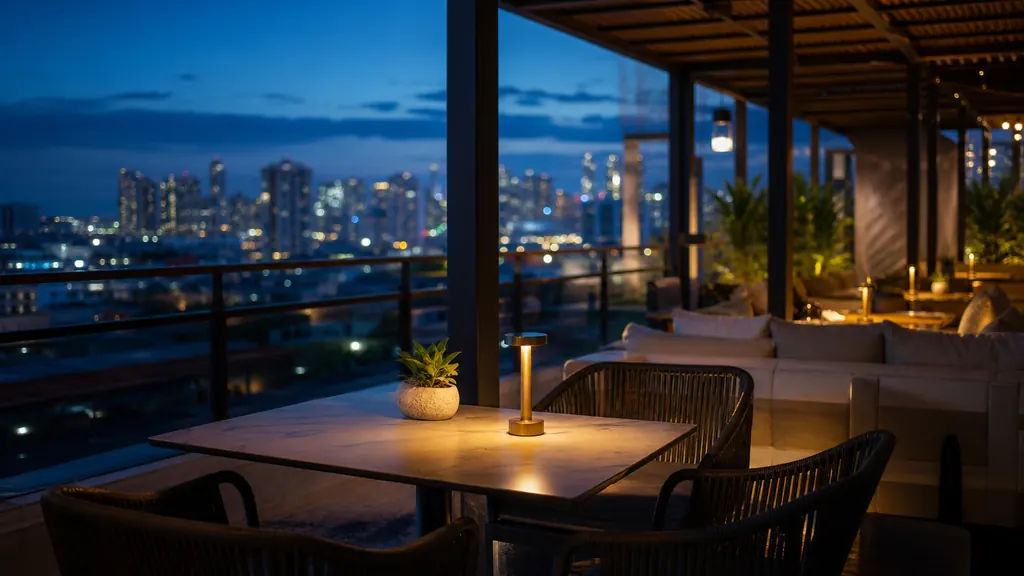 Bàn cafe đôi trên sân thượng lúc thành phố vừa lên đèn