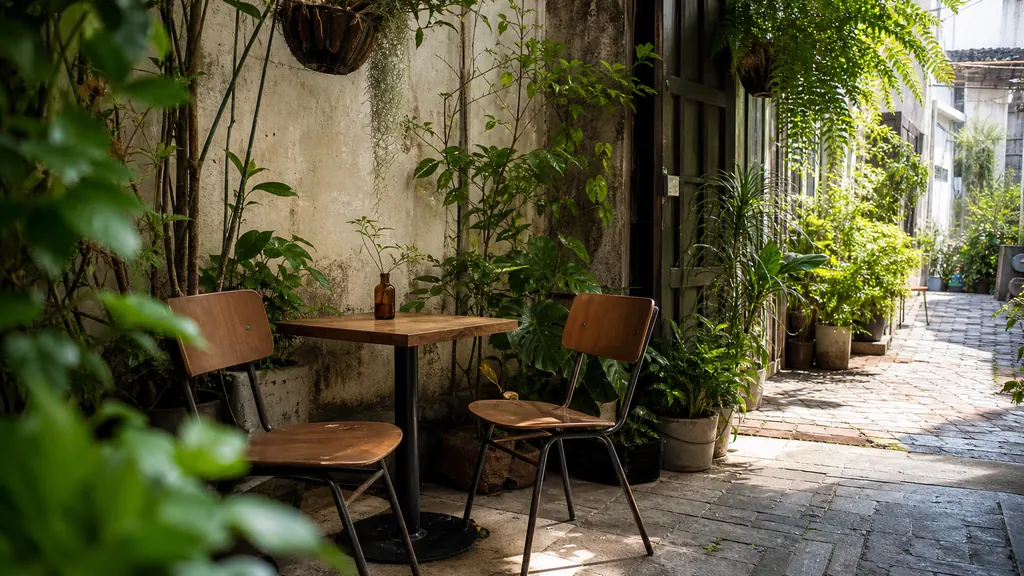 Góc cafe trong hẻm yên tĩnh với hai ghế đơn và cây xanh