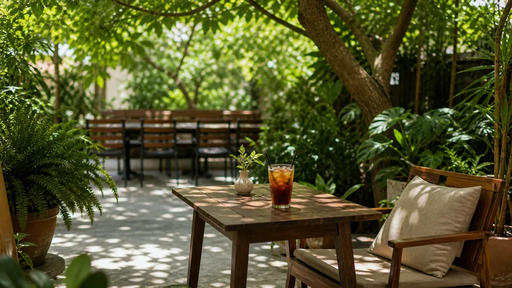 Bàn cafe ngoài trời nằm dưới bóng râm