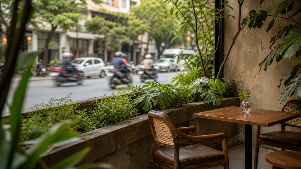 Góc cafe ngoài trời lùi khỏi đường xe ồn