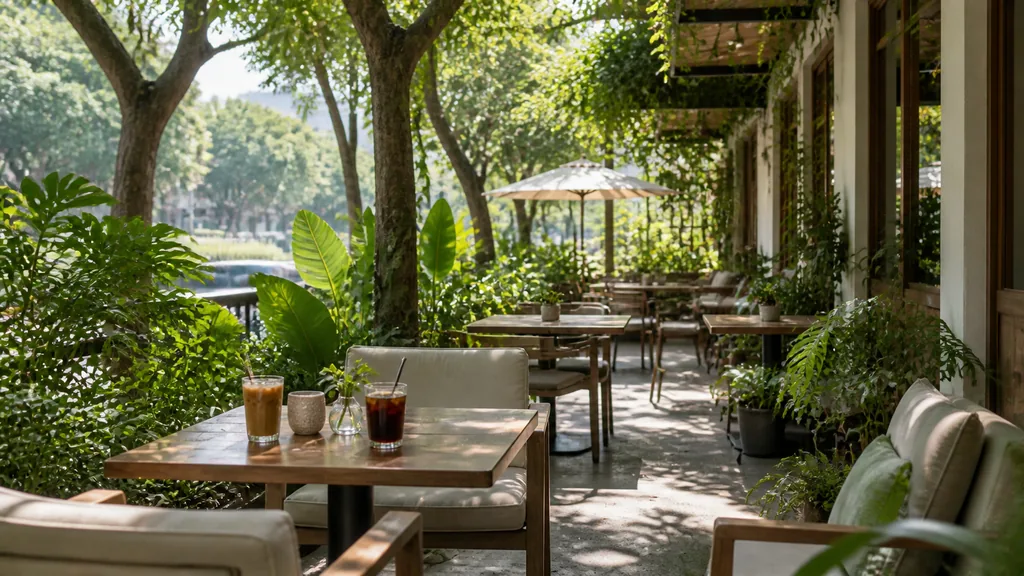 Không gian cafe ngoài trời Sài Gòn có bóng râm và cây xanh