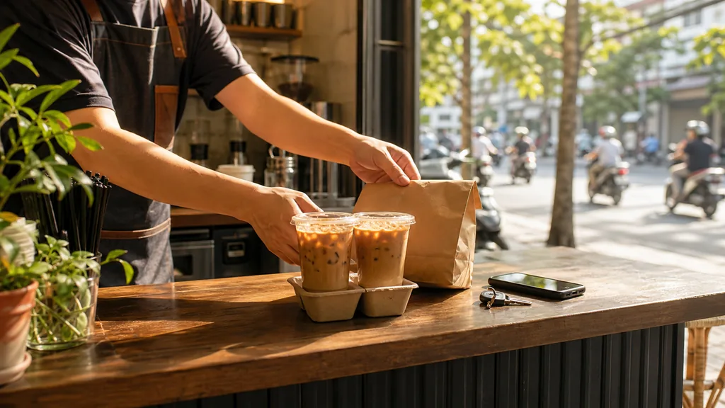 Quầy cafe sáng Sài Gòn phục vụ cà phê mang đi