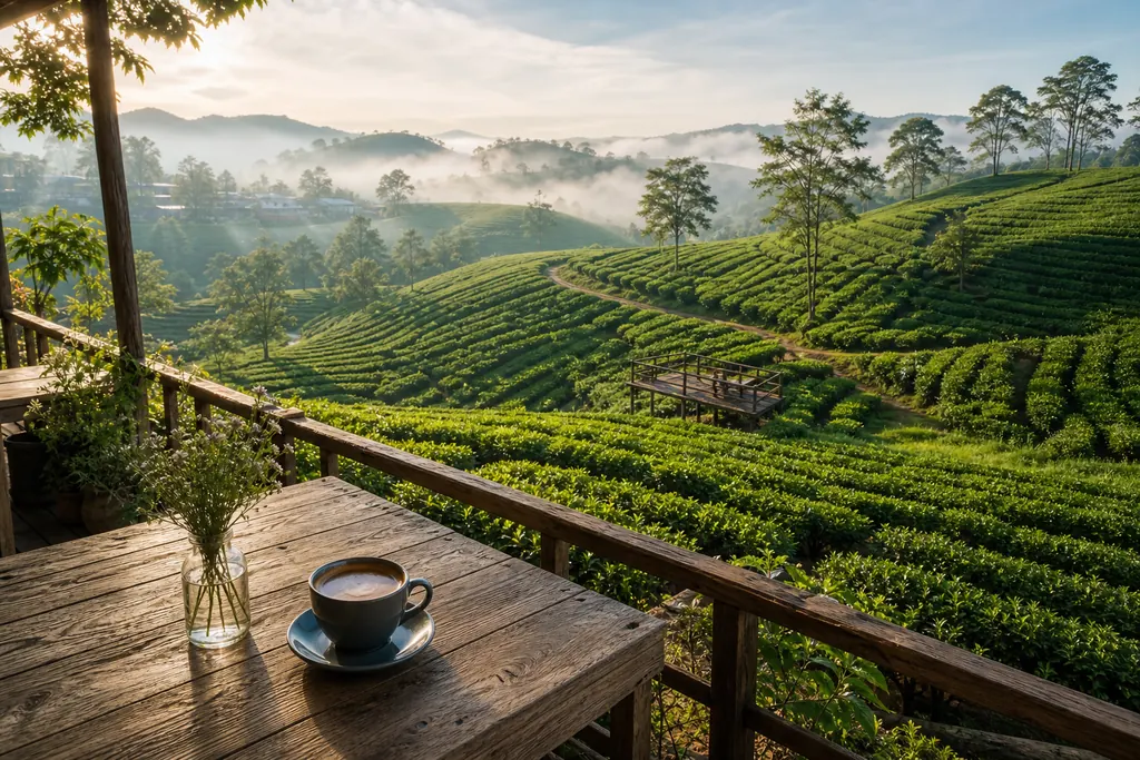 Cafe Cầu Đất Farm view đồi trà xanh mướt
