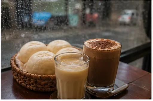 Đồ uống nóng và bánh bao trong ngày mưa