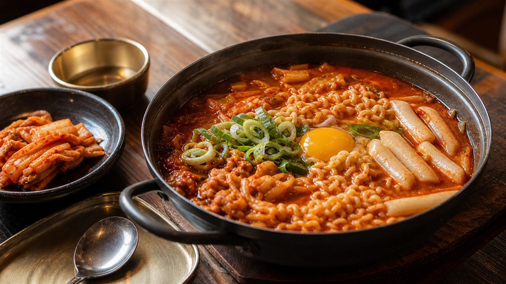 Tô ramyeon Hàn Quốc cay với trứng và kimchi