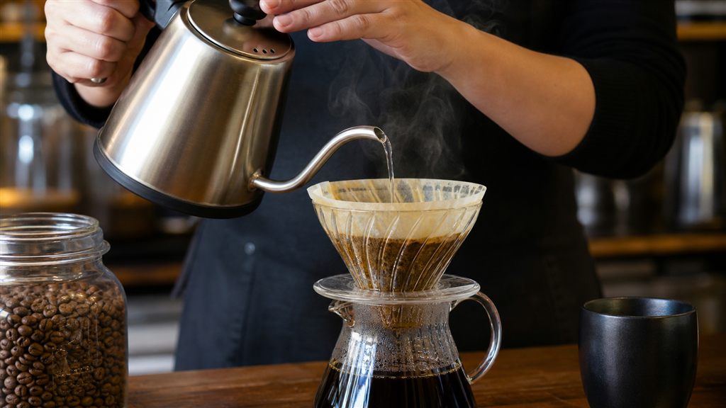 Barista pha pour-over cafe specialty bằng phễu lọc