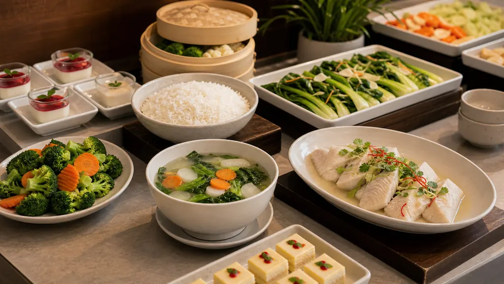 Bàn buffet gia đình có món chín mềm, rau và phần ăn nhỏ