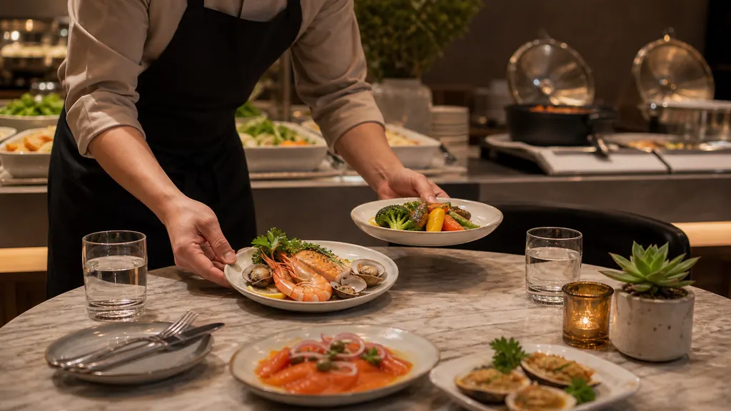 Nhân viên phục vụ món buffet gọi tại bàn, không lộ mặt và không logo
