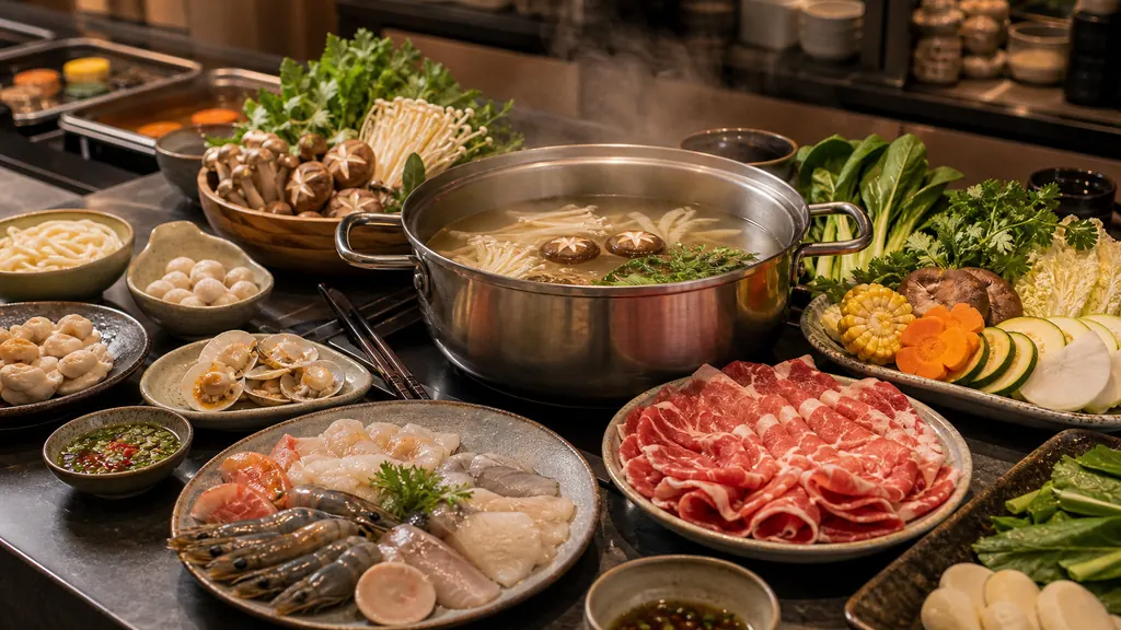 Nồi lẩu buffet sôi nhẹ với rau, nấm và đồ nhúng được chia phần gọn