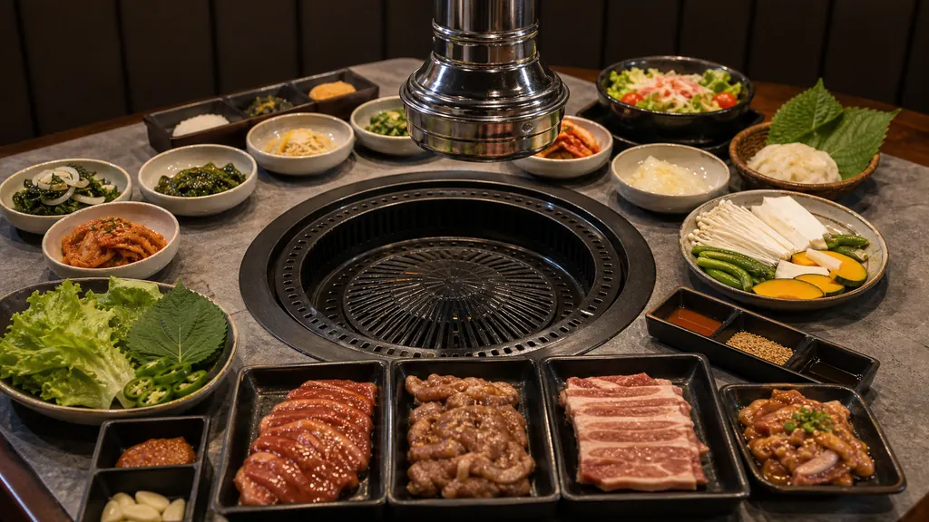 Bàn buffet nướng gọn gàng với vỉ nướng sạch và phần thịt vừa phải