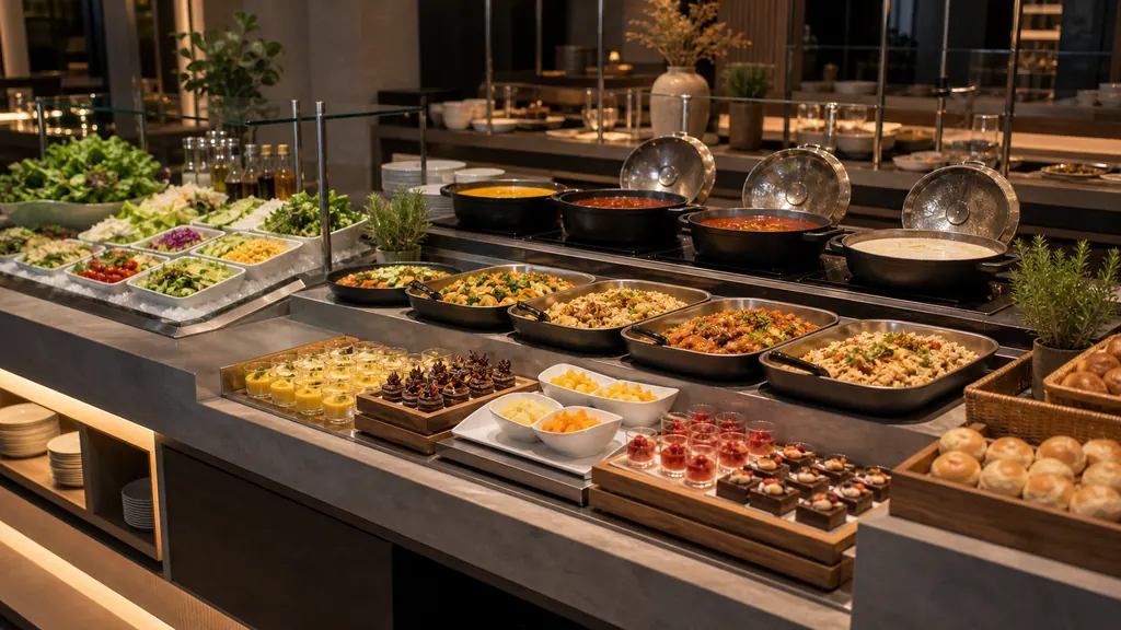 Quầy buffet sạch với nhiều khu món được chia rõ ràng