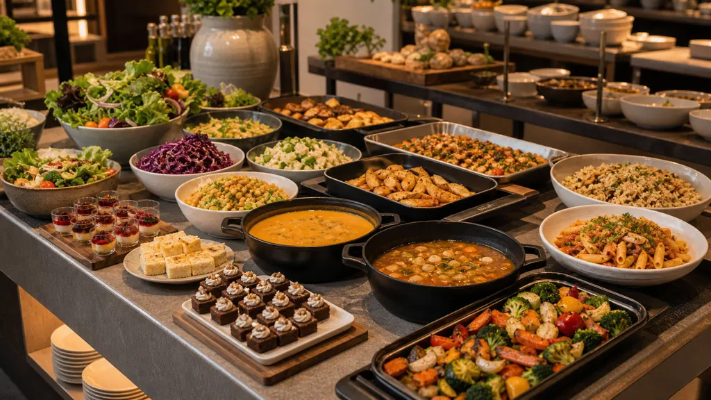 Bàn ăn buffet quốc tế với salad, món nóng và tráng miệng cân bằng