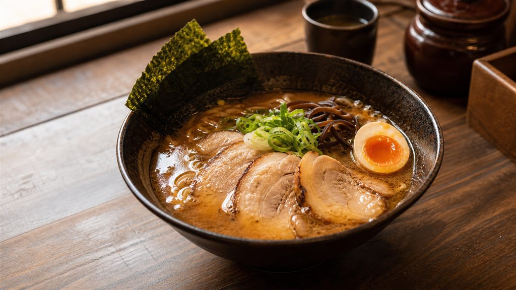Tô ramen nóng với trứng lòng đào và rong biển