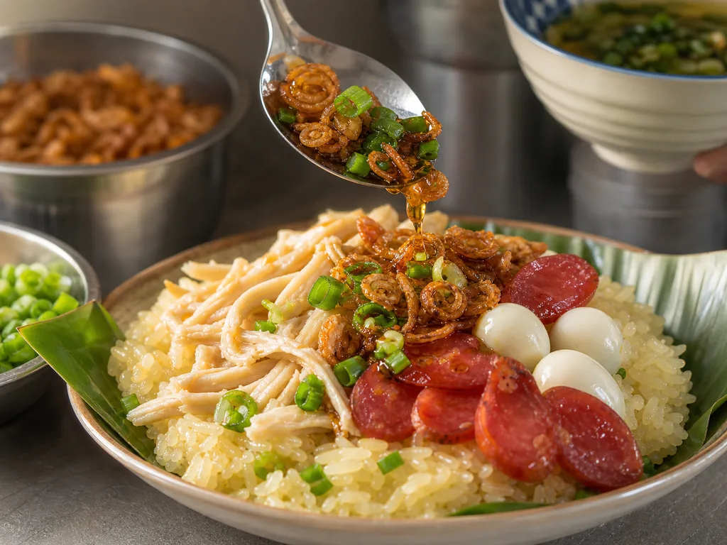 Topping xôi mặn với hành phi và mỡ hành